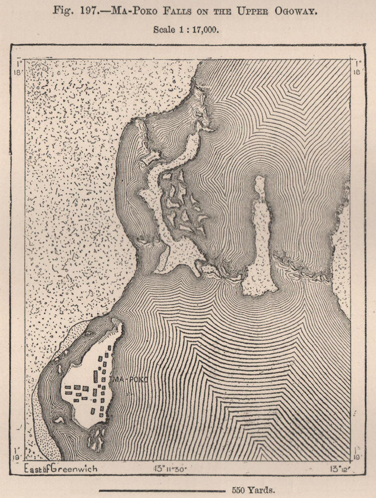Ma-Poko (Kongou?) falls on the upper Ogooué (Ogowe) . Gabon 1885 old map